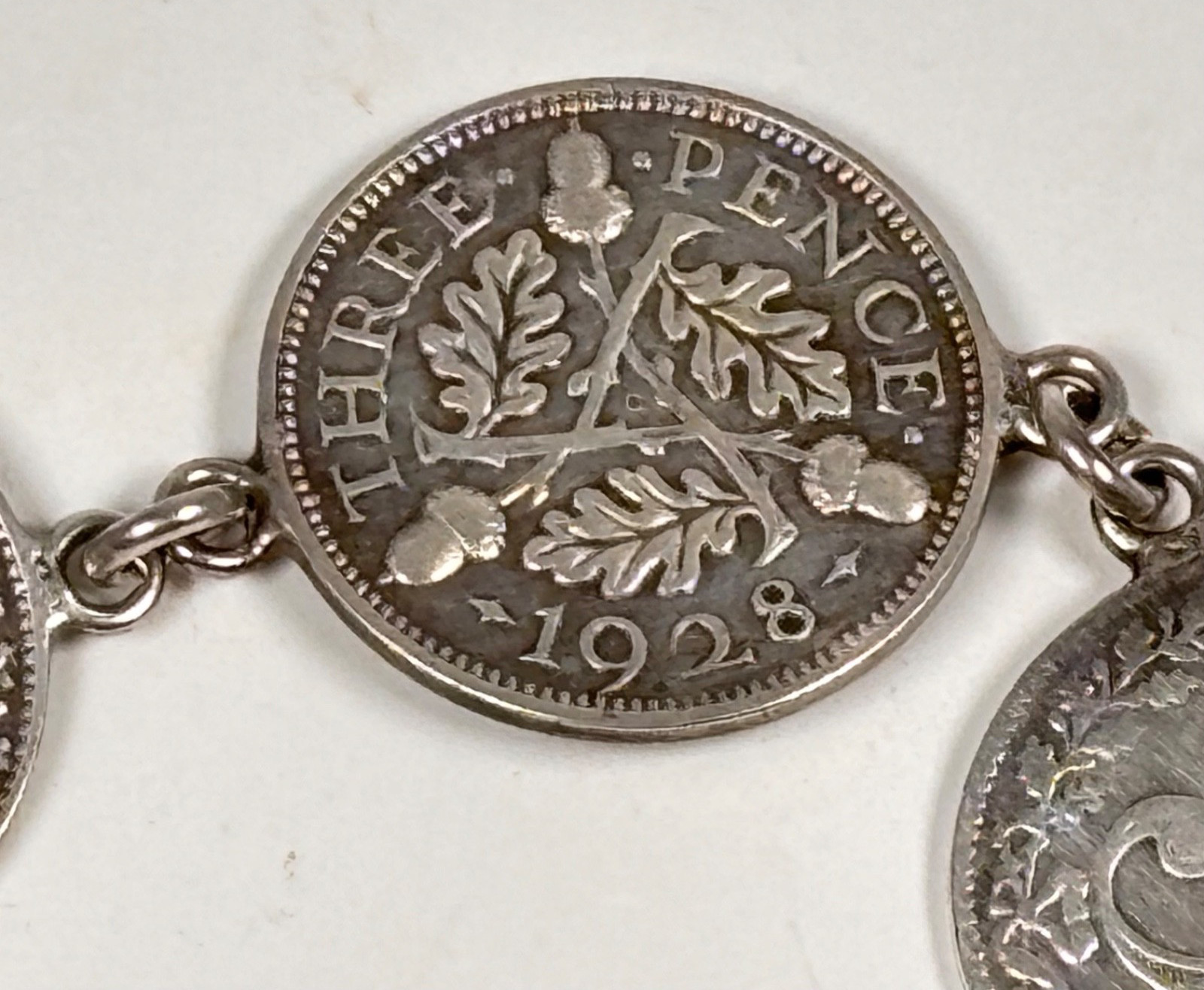 Vintage Silver Charm Bracelet King George V Three Pence Coins British Retro