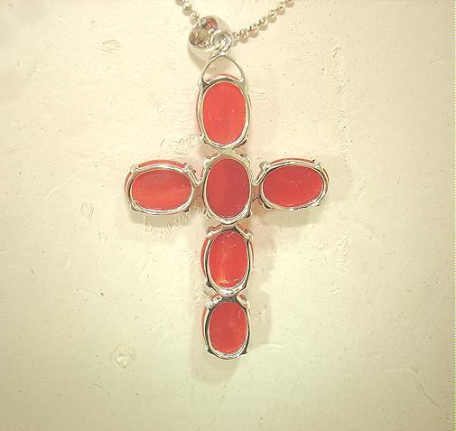 22.5MM SOLID 14K WHITE GOLD 6.18CTS ITALIAN RED CORAL OVAL BEAD CROSS PENDANT