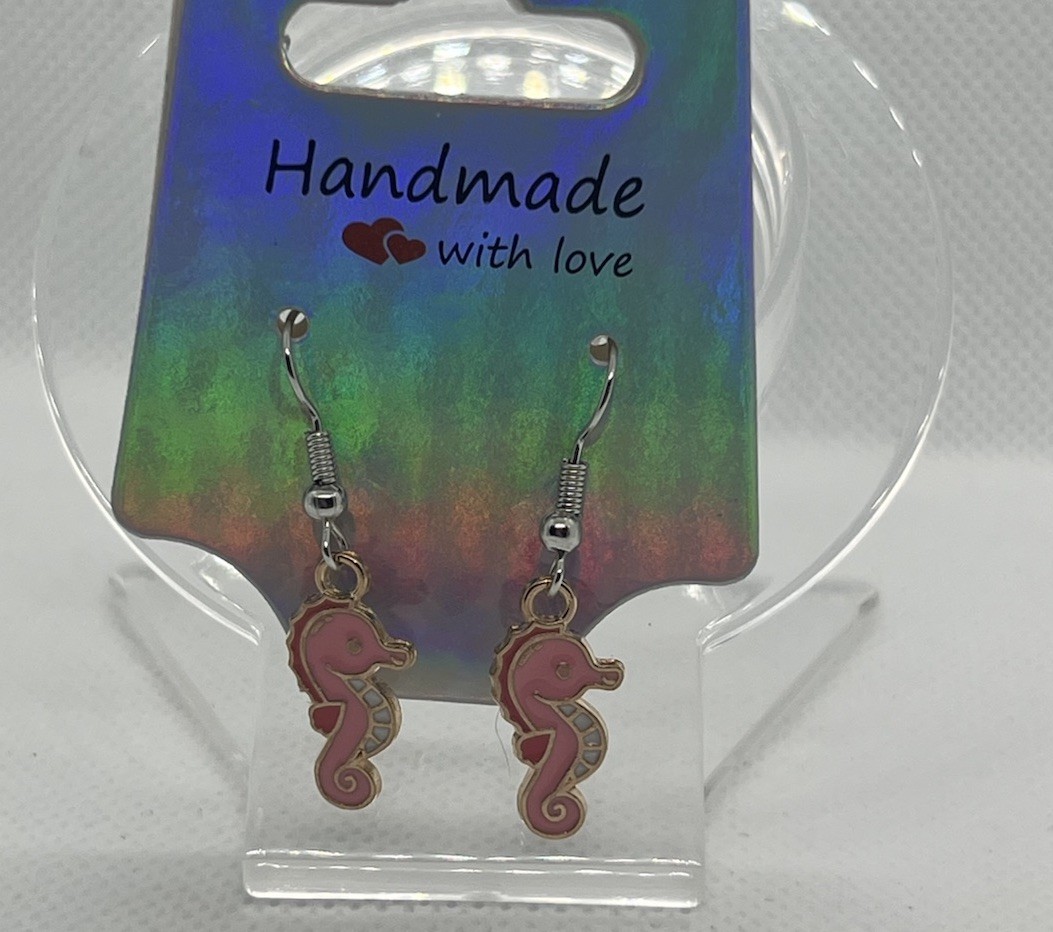 Handcrafted Silver-Tone Dangle Hook Earrings, Enamel Metal No Stone