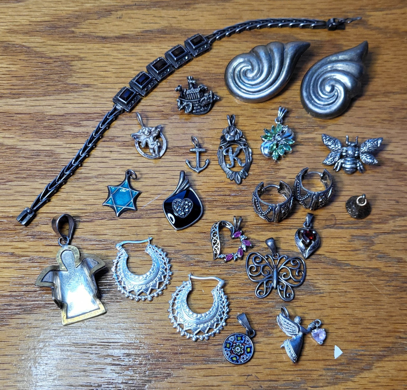 70+grams 22 Pices MARKED 925,SILVER EARRING,PENDANTS, BRACELET.WEARABLE,SELLABLE