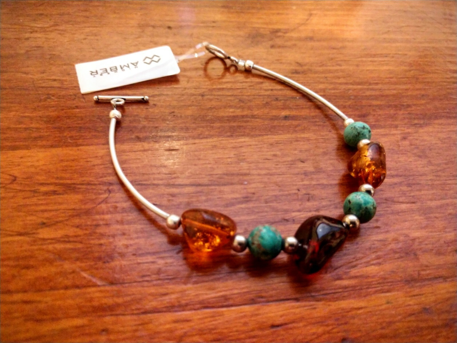 Sterling Silver~AMBER from Poland Casual & Pretty Bracelet Amber & Green Beads ~