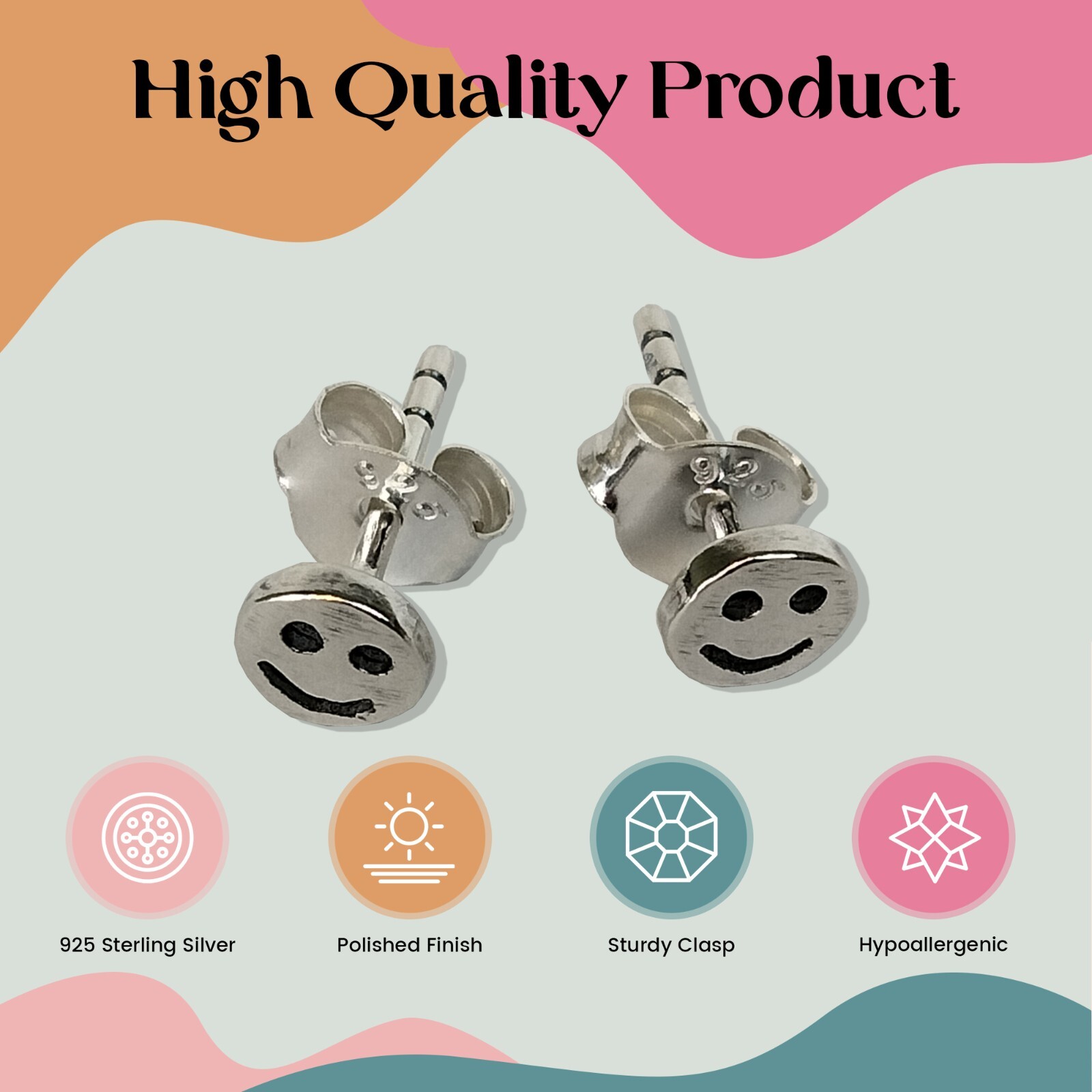 FashionJunkie4Life Sterling Silver Smiley Face Stud Earrings with Butterfly Back