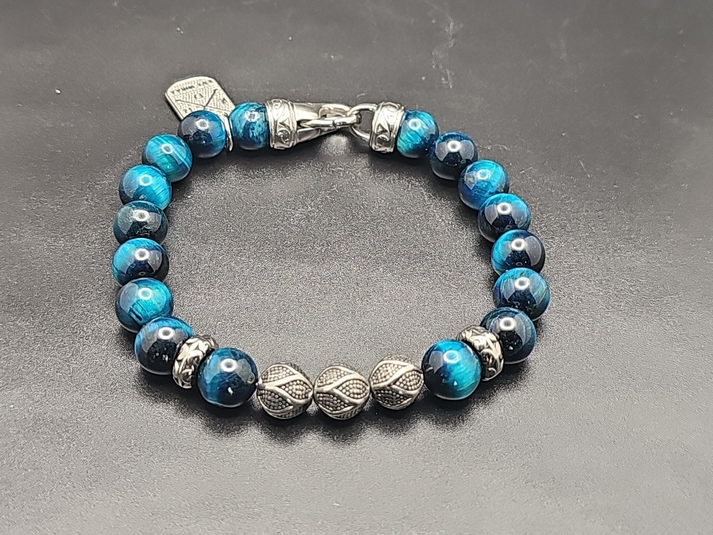 10mm Hand Made Deep Blue Tigers Eye Beaded Bracelet with Stainless Steel Clasp