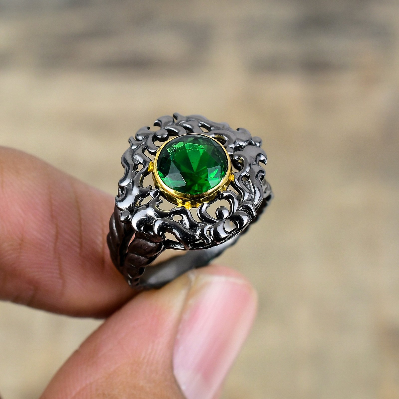 Tsavorite Black And Gold Plated 925 Sterling Silver Ring S.7.5 R87028