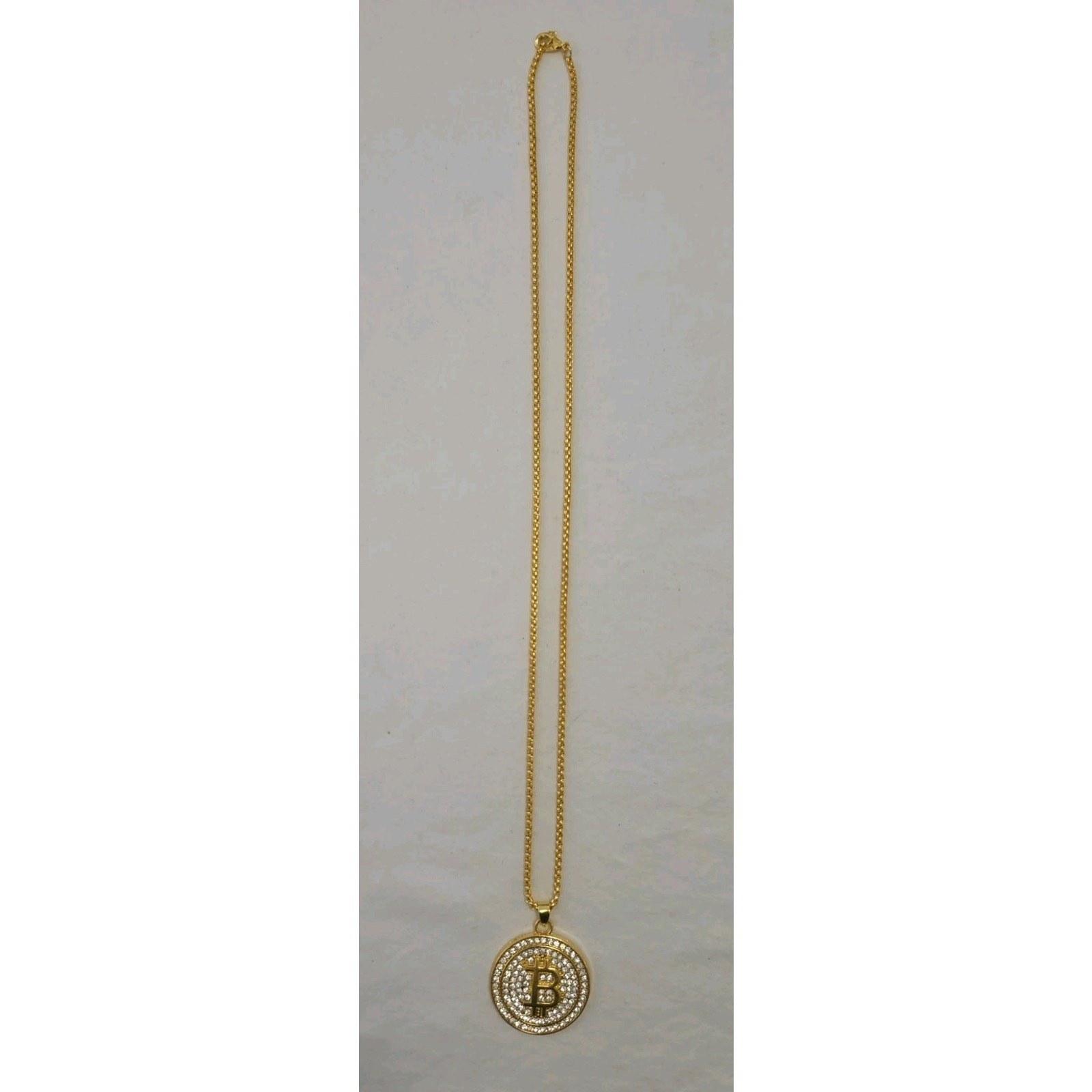 Fashion Jewelry Pendant Necklace Gold Tone Bitcoin Crypto Sparkly Rhinestones