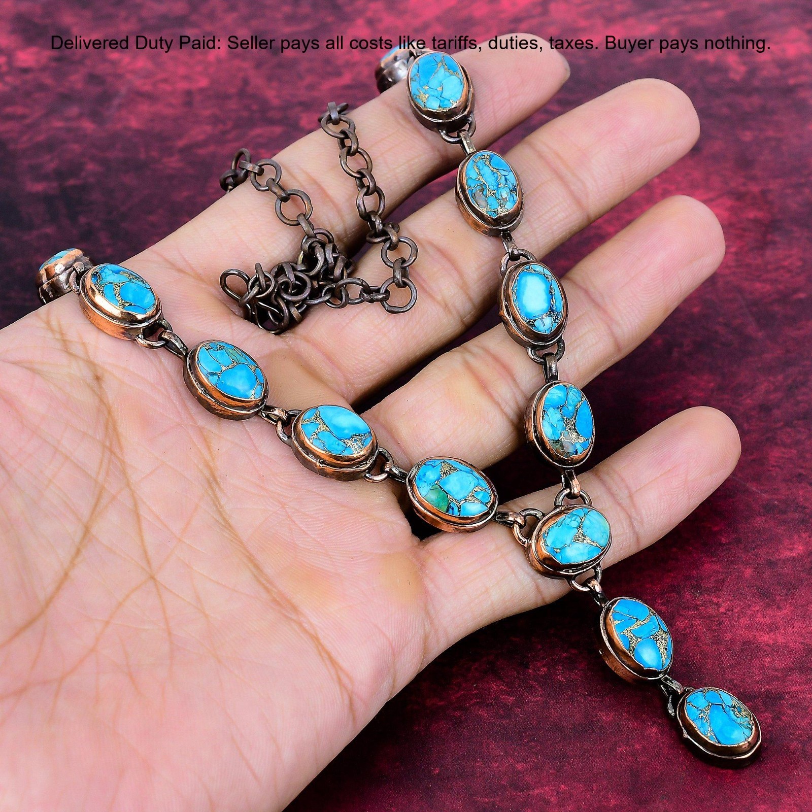 Copper Blue Turquoise Necklace Electroformed Copper Jewelry Adjustable Necklace