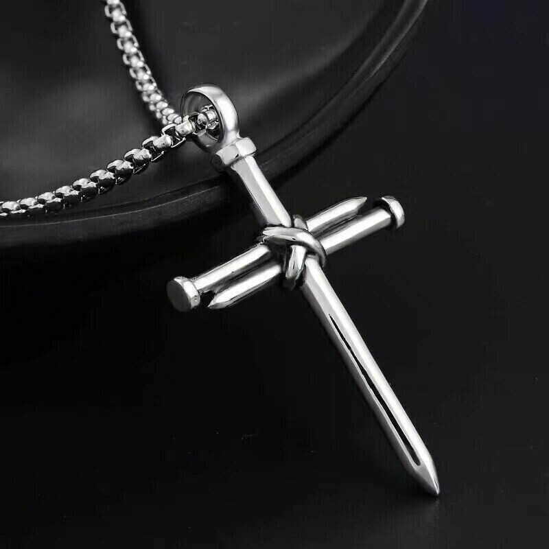 Men’s Christ Jesus Nail Rope Cross Pendant Necklace Christian Jewelry Chain 24″