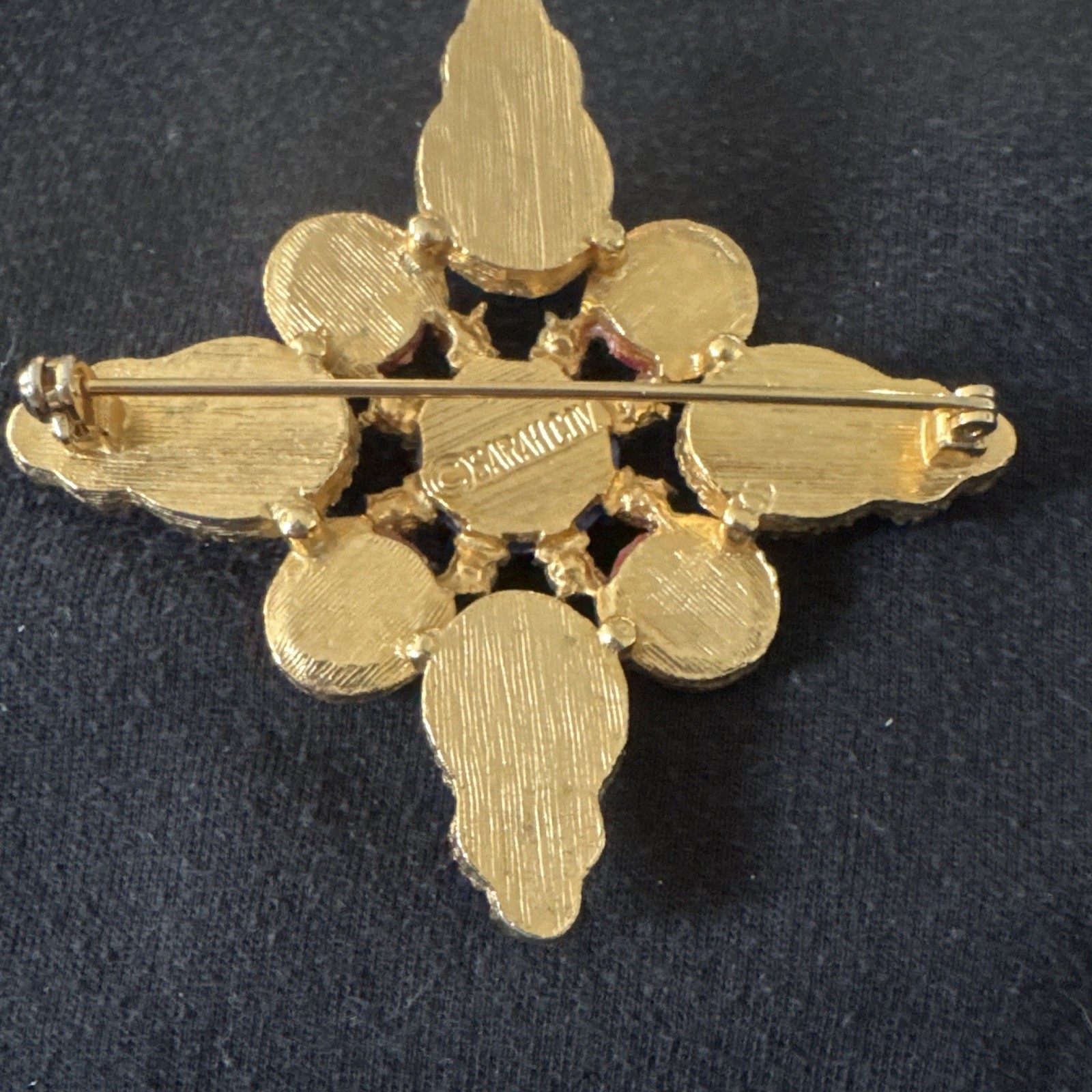 Sarah Cov Signed Gold Tone Cross Brooch Pin w/ Red White Blue Cabochons