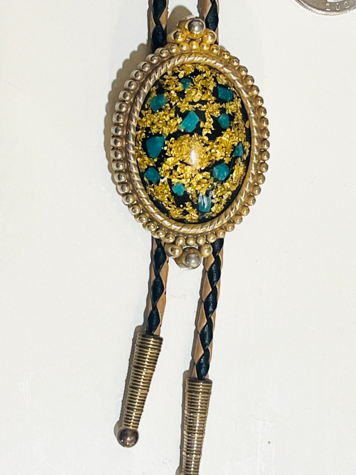 Vintage Mid Century Lucite Turquoise Chips Gold Flake Foil Western Bolo Tie MCM