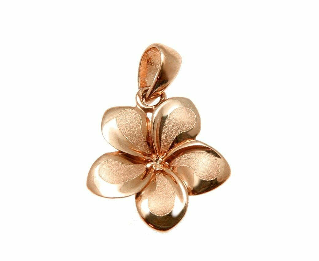 13MM SOLID 14K ROSE GOLD HAWAIIAN FANCY TROPICAL PLUMERIA FLOWER CHARM PENDANT