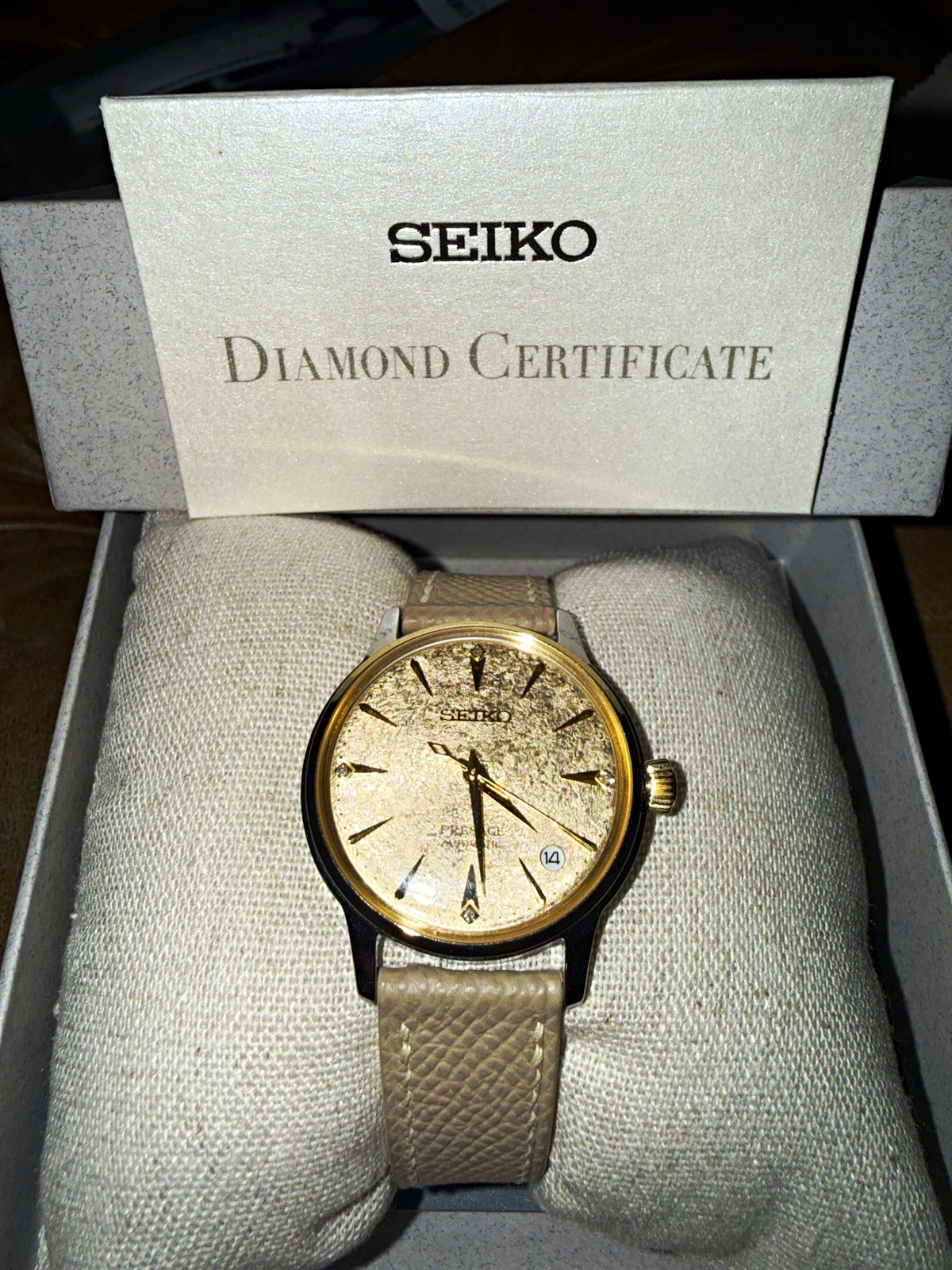 Seiko Presage men’s mechanical Gold Dial Beige Leather Strap Date 50m
