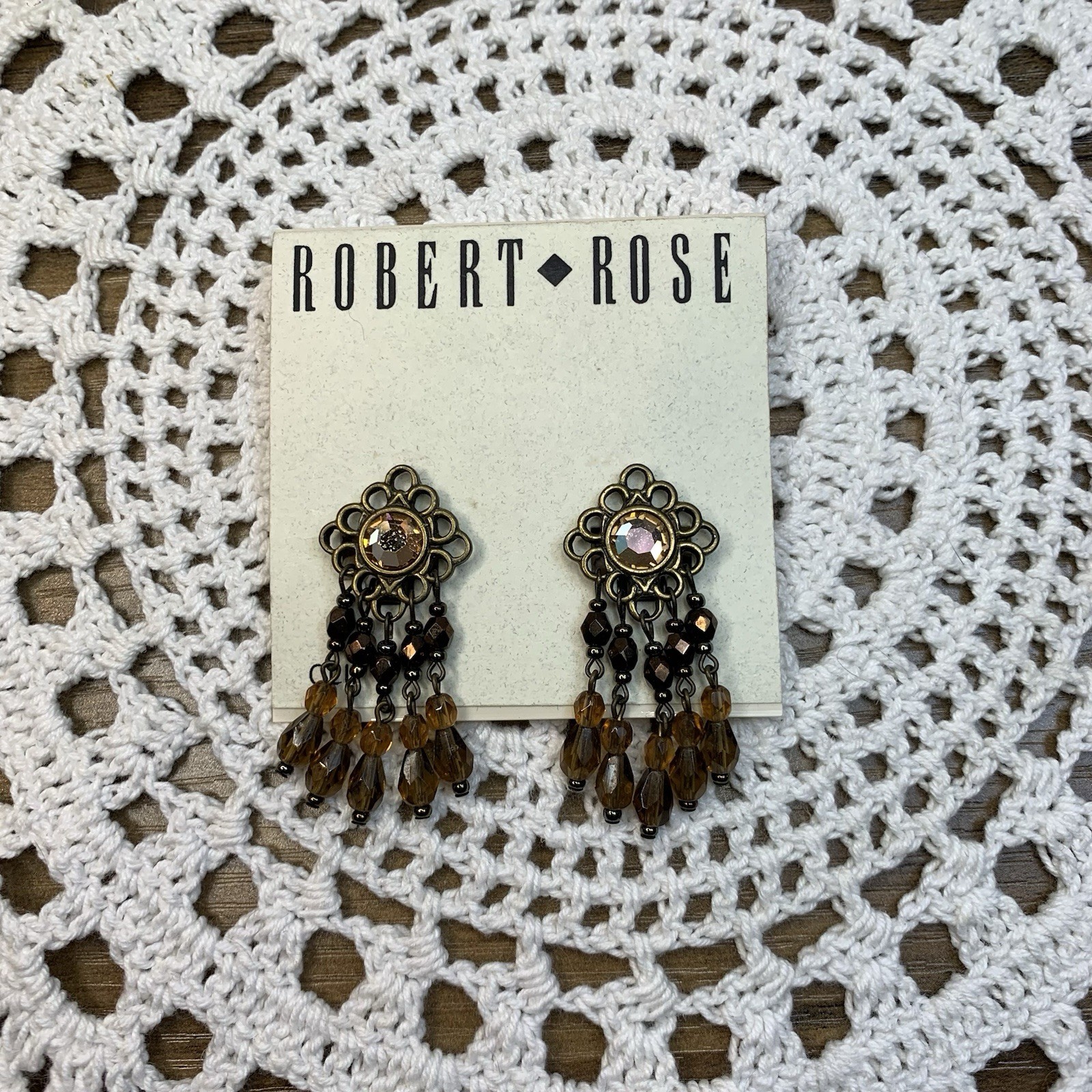 Vintage Robert Rose Clip Dangle Earrings Brown