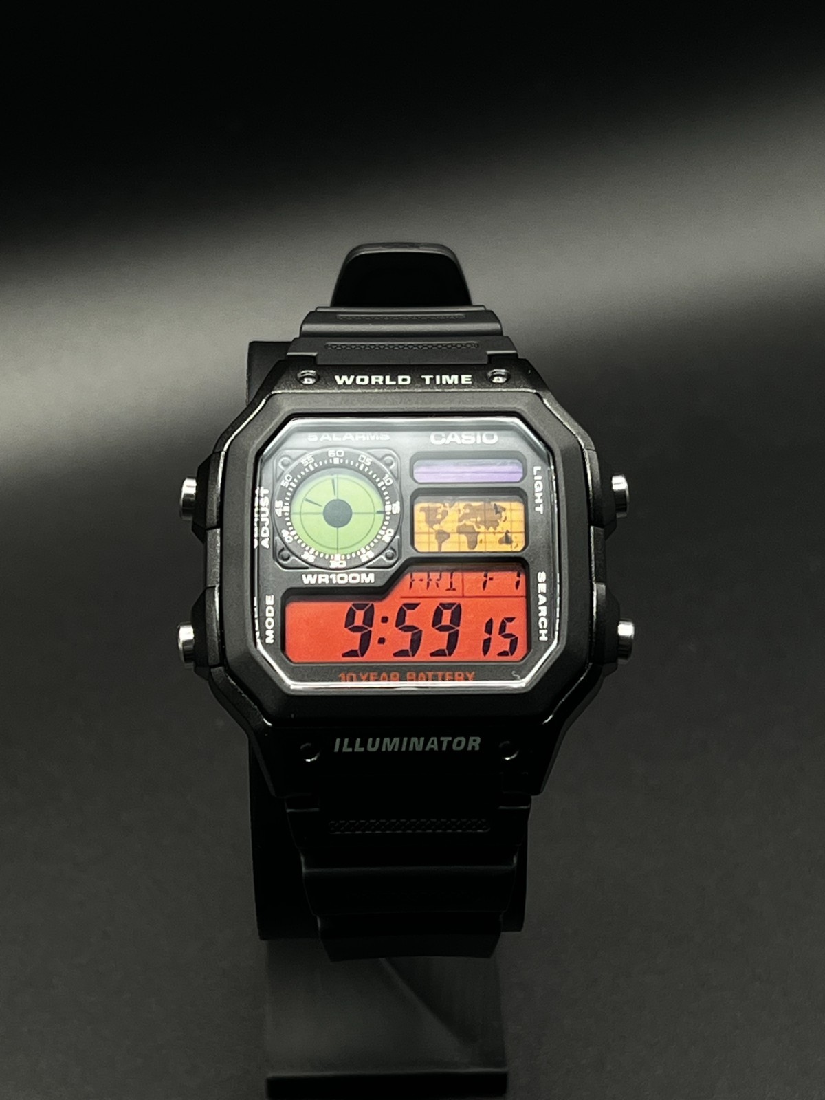 “Cyberpunk” | Custom 🔴🟢🟠🟣 Casio World Time Illuminator | Royale | AE-1200WH