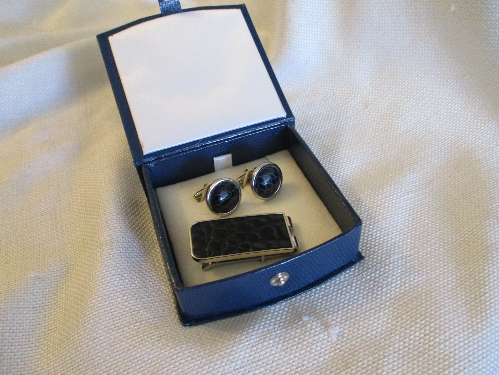 genuine shiny NAVY BLUE alligator exotic inlay metal money clip & cuff link set