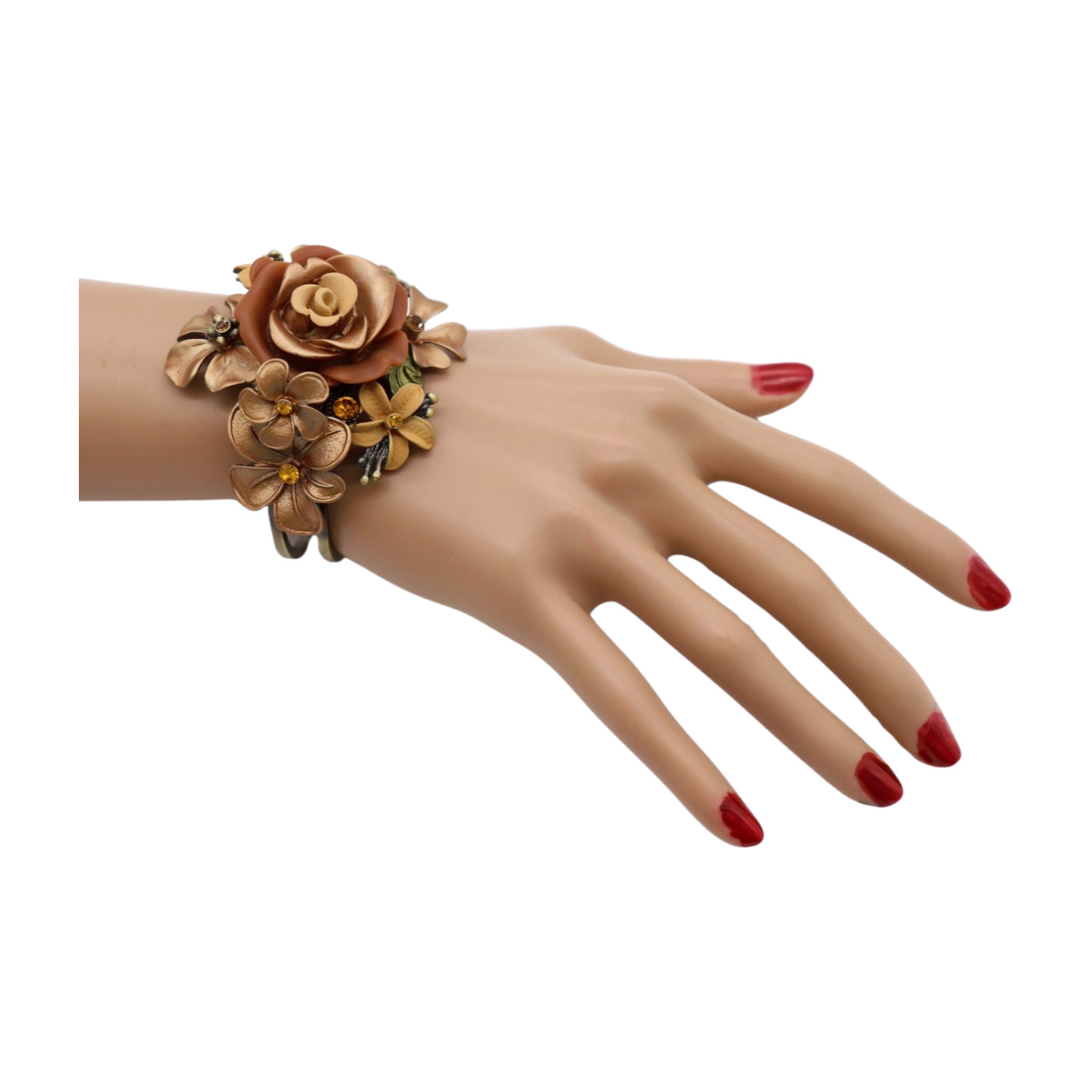 Women Antique Gold Metal Beige Brown Rose Flowers Cuff Bracelet Fashion Jewelry
