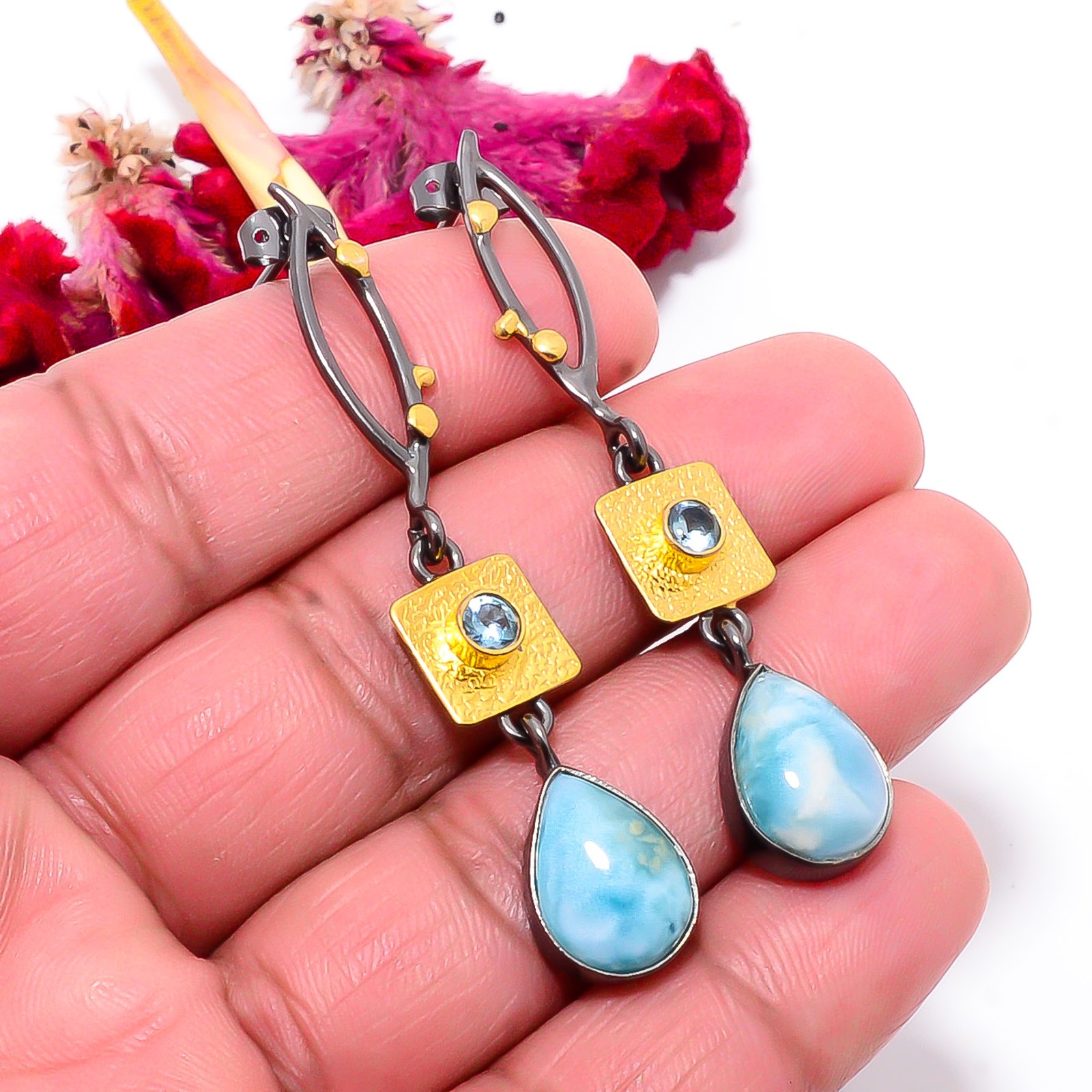 Natural Larimar, Blue Topaz 925 Sterling Silver Gold Rhodium Earring 2.34″ Sku21