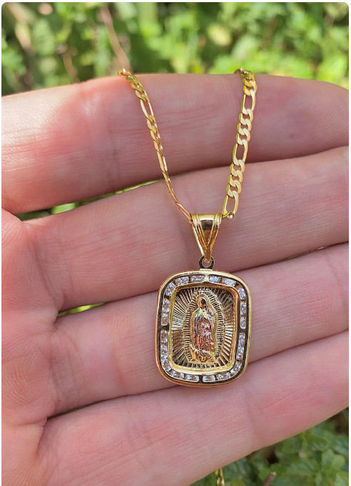 14K Gold Filled CZ Virgem Guadalupe Necklace Figaro Chain Cadena Mujer y Hombre