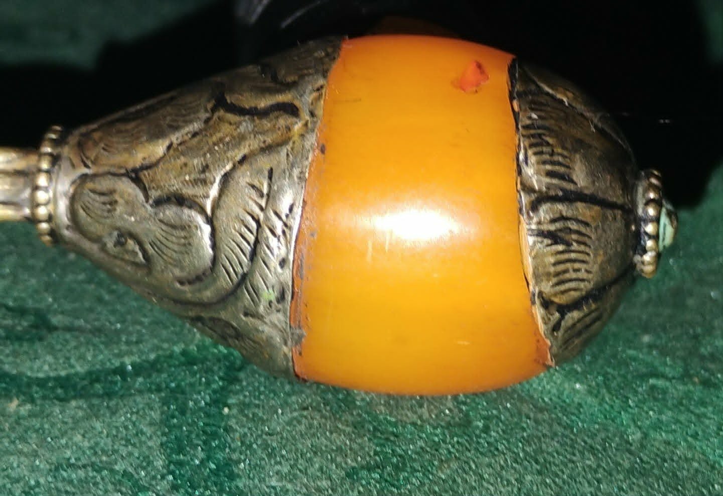 Large Vintage Tibetan Baltic Amber w/ Ornate Silver and Turquoise Pendant