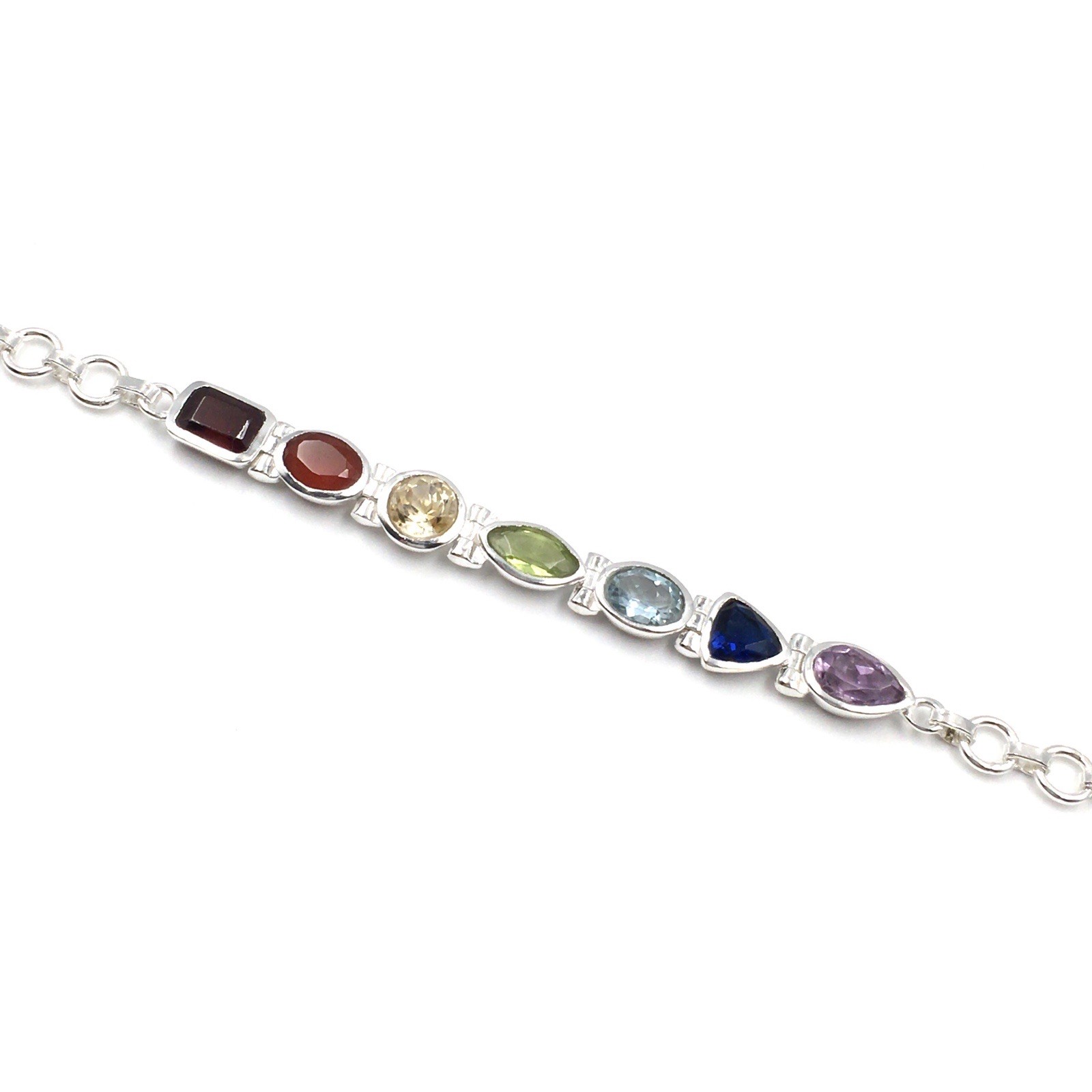 925 Silver Bracelet 18.5cm Colourful Gemstones Multicolour Jewellery Red Blue Green Yellow