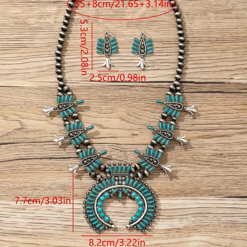 Boho 925 Sterling Silver Gypsy Ethnic Tibetan Turquoise Earrings Necklace Set