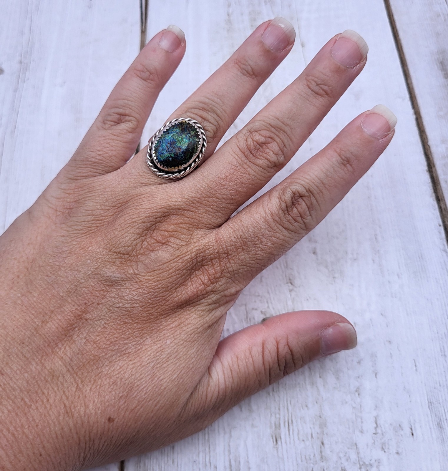 Beautiful Solid 925 Sterling Silver Oval Azurite Malachite Ring