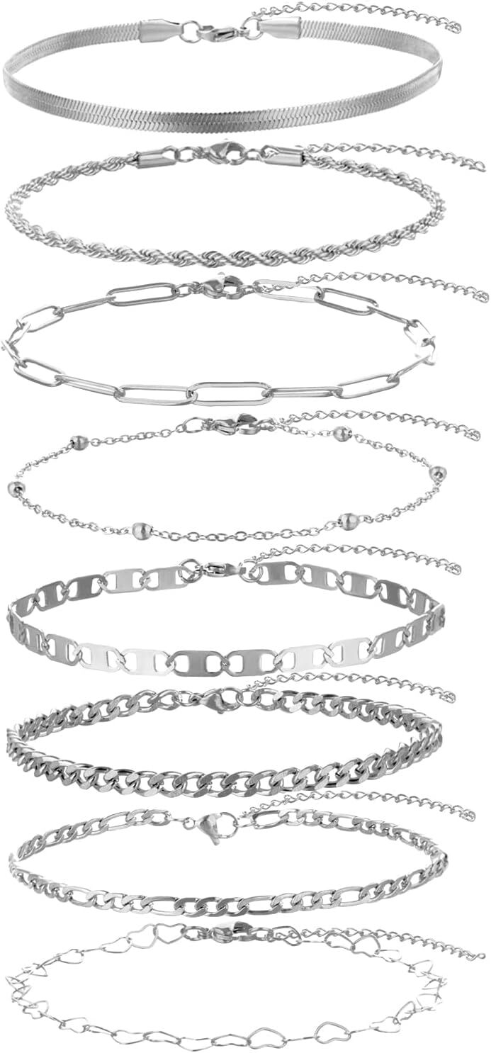 14K White Gold Plated Anklet Set for Women & Men, Waterproof Cuban, Figaro, Rope
