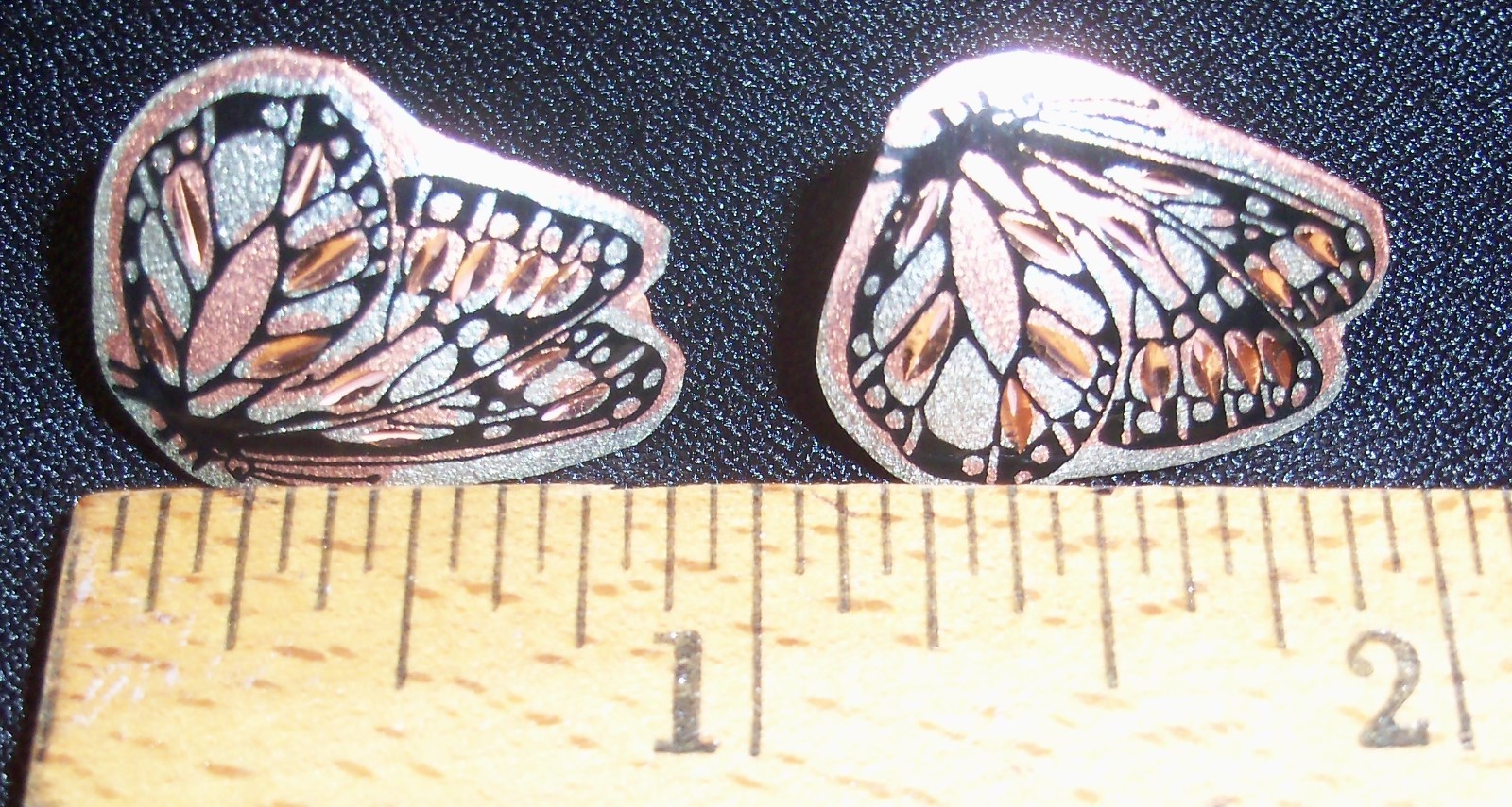 BUTTERFLY DESIGN-HAND ENGRAVED COPPER EARRINGS W/SILVER PLATE & BLACK ENAMEL