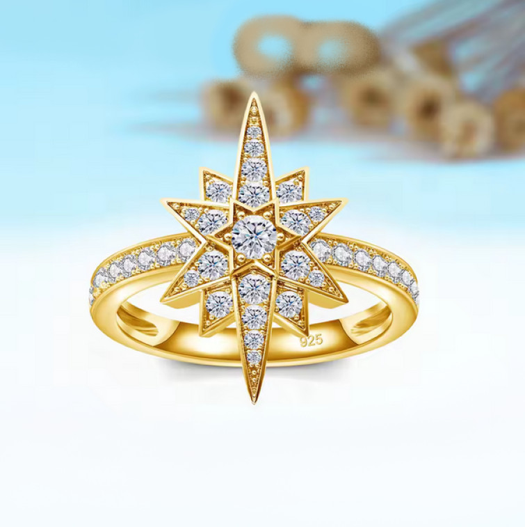18K 925 Sterling Silver 0.1CT Center Moissanite 10-Pointed Star Ring (Size 6-12)
