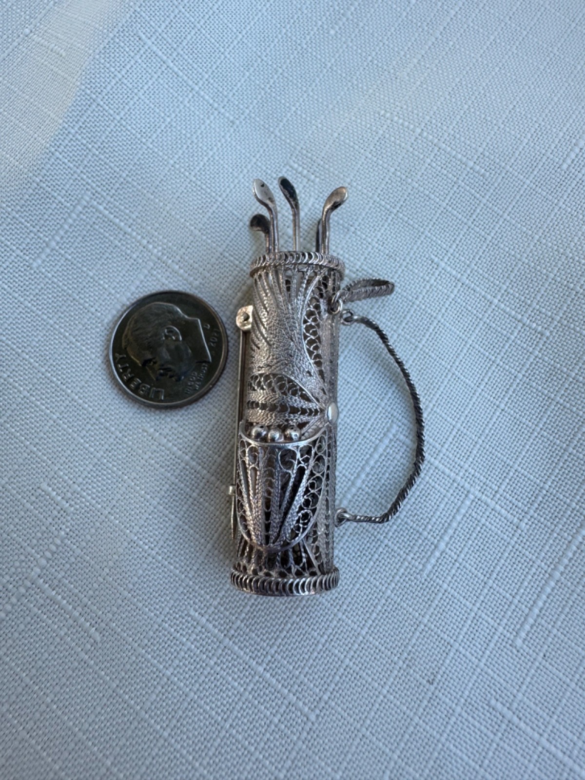 Estate Sterling Silver 950 Filigree Golf Bag w/ Clubs Brooch Pin Golfing 10.7g