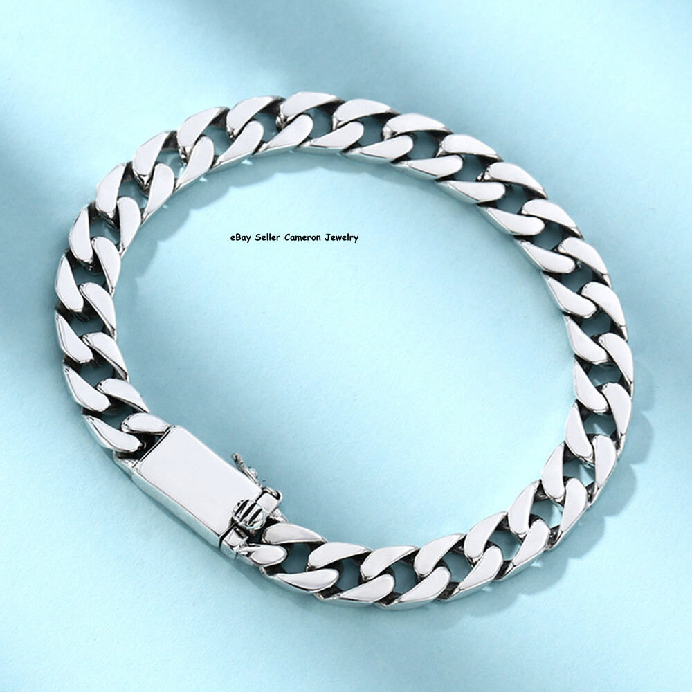 Pure S925 Sterling Silver Chain 7mm Cuban Curb Link Bracelet 7.1-7.9inch L