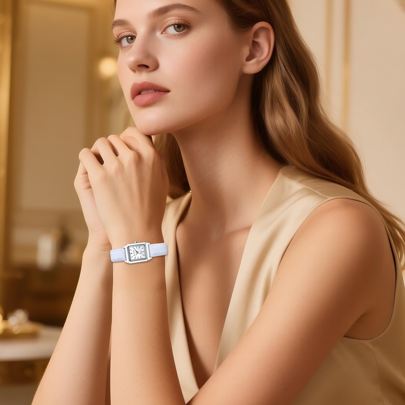 Women Soft PU Leather Band Quartz Elegant Rectangle Dial Wristwatch for Ladies