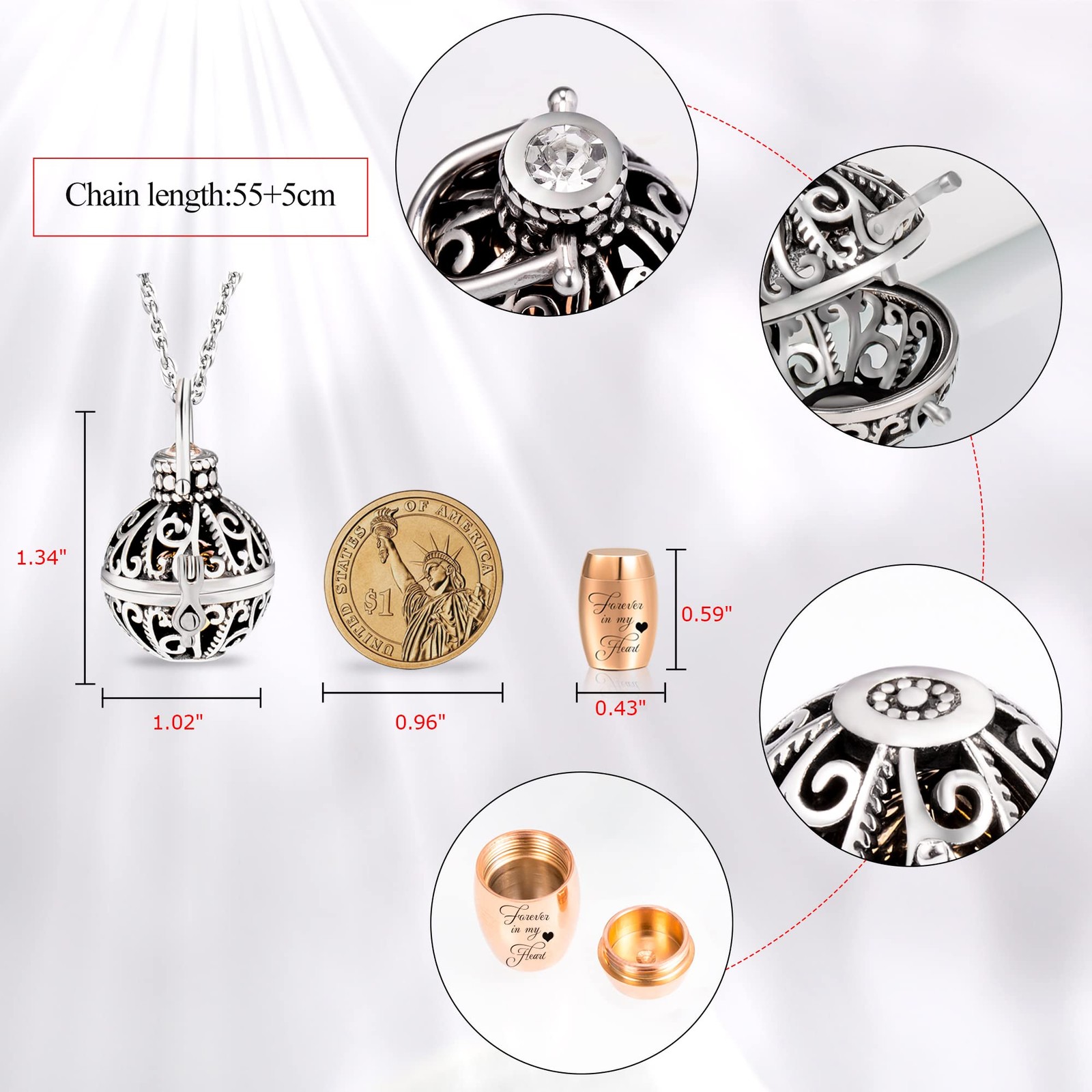 Cremation Urn Necklace with Inner Jar, Keepsake Locket Memorial Jewelry