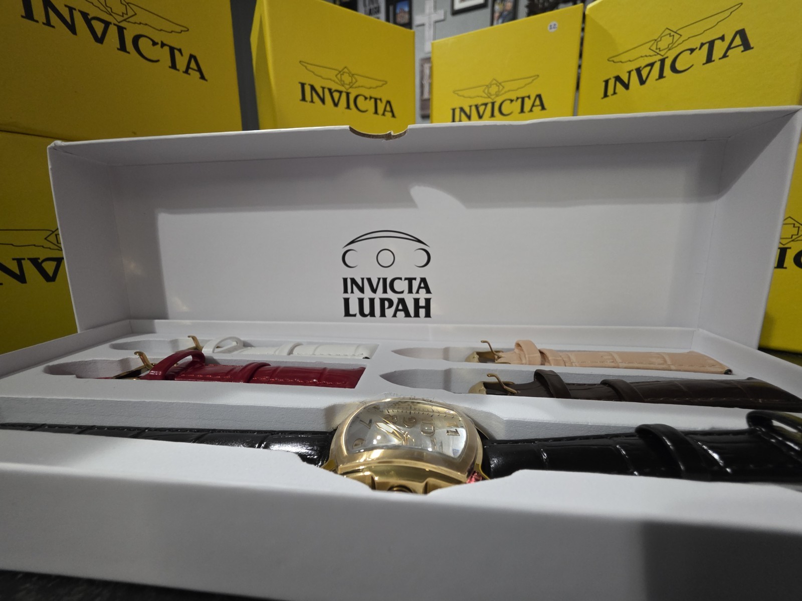 Invicta Lupah Women’s Quartz Gold Tone Tonneau Silver Dial Watch w/5 Straps (24)
