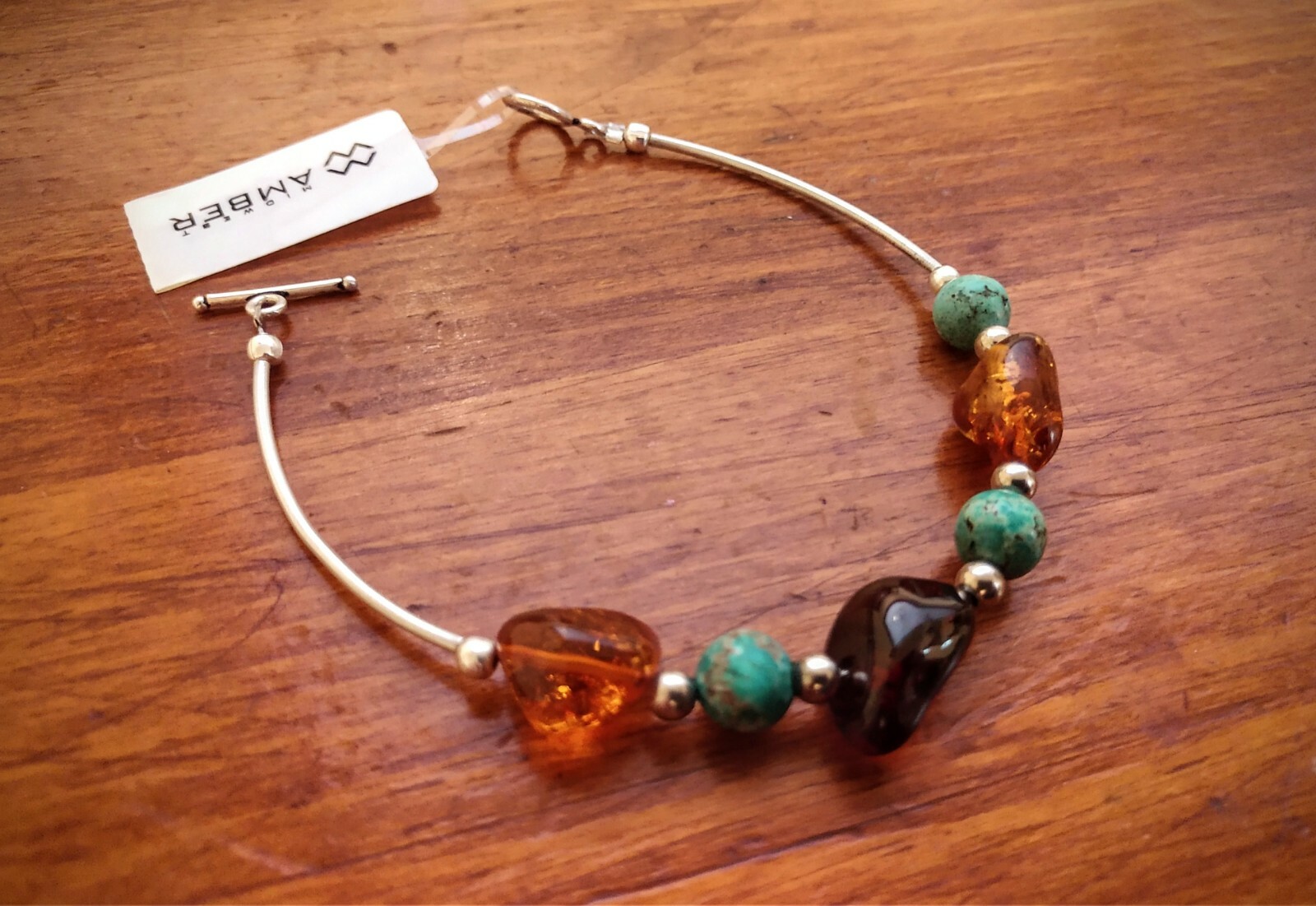 Sterling Silver~AMBER from Poland Casual & Pretty Bracelet Amber & Green Beads ~