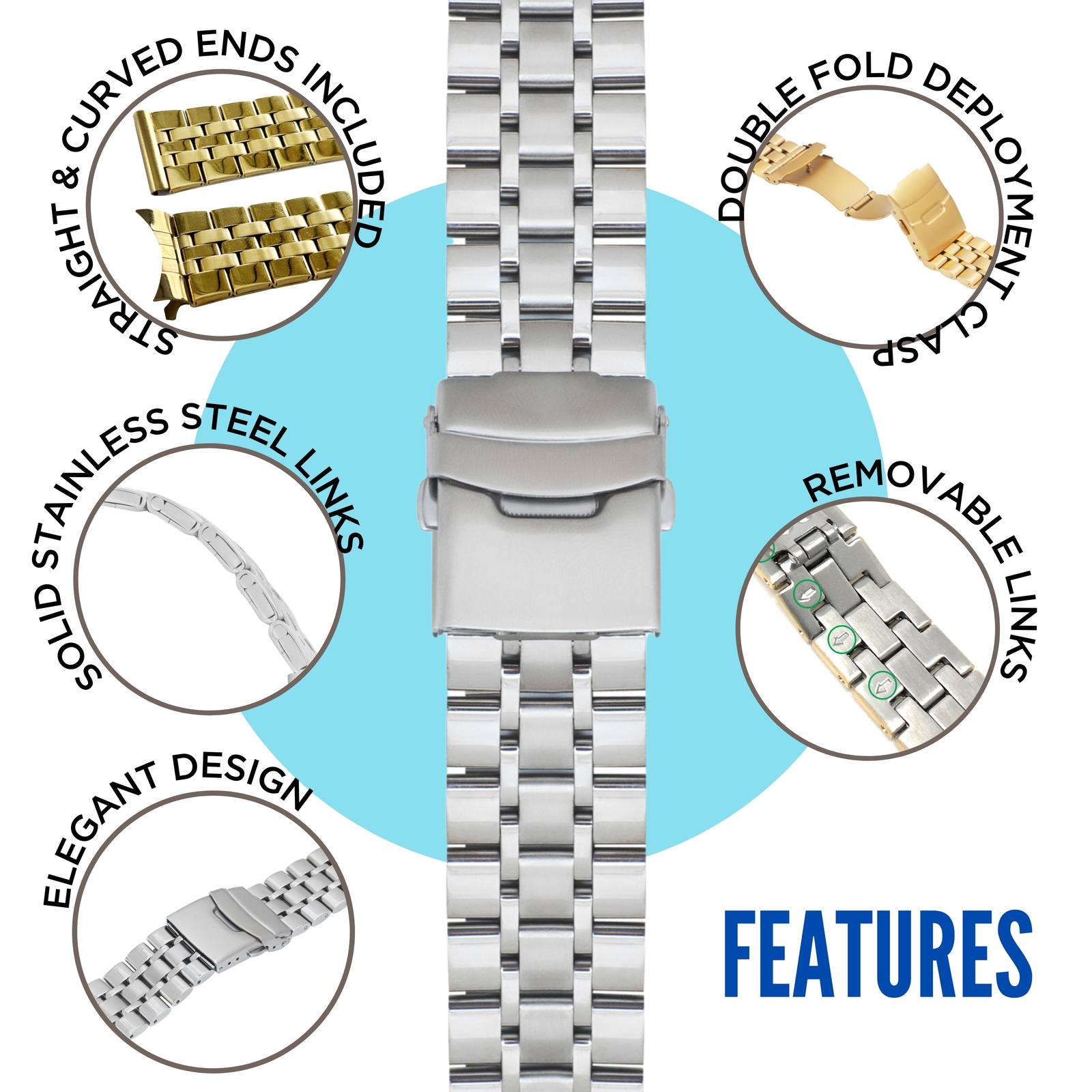 22mm Steel Metal Watch Band Brick Link Strap for Armand Nicolet JH9 M02 M02-4