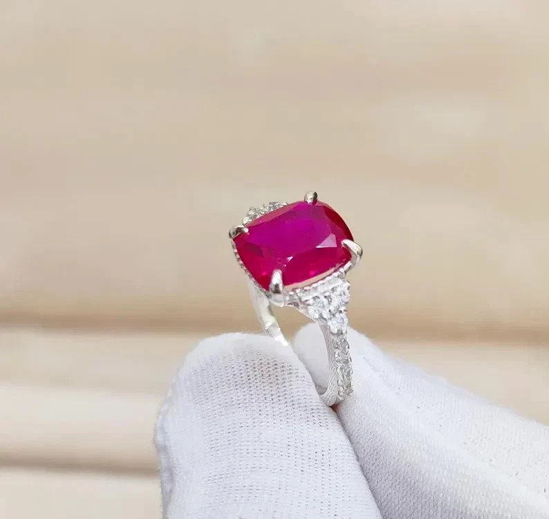 4.80Ct Cushion Cut Natural Red Ruby & Diamond 14K White Gold Engagement Ring