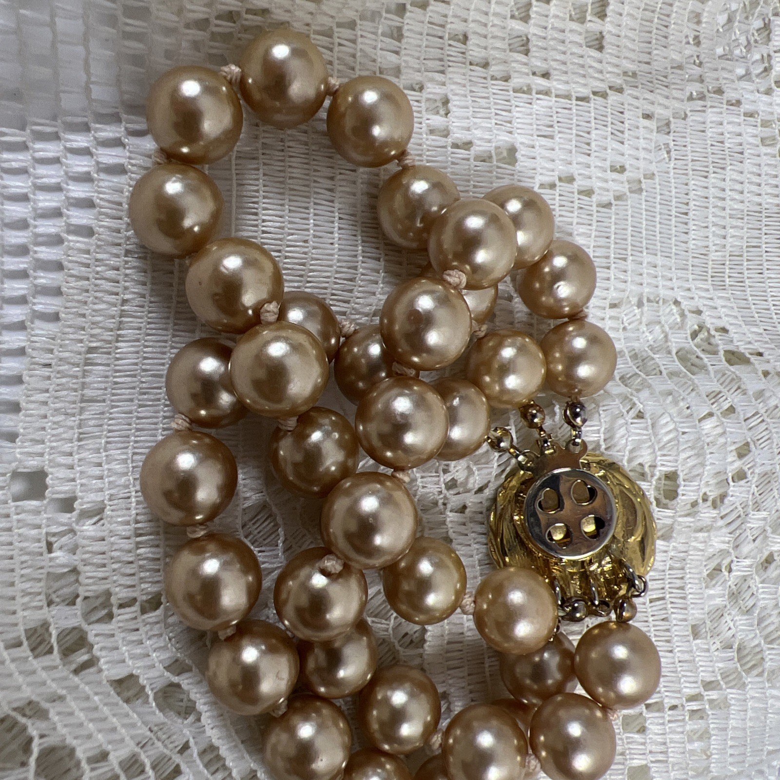 Vintage Champagne Cream Faux Pearl Hand Tied Necklace Graduated & Bracelet
