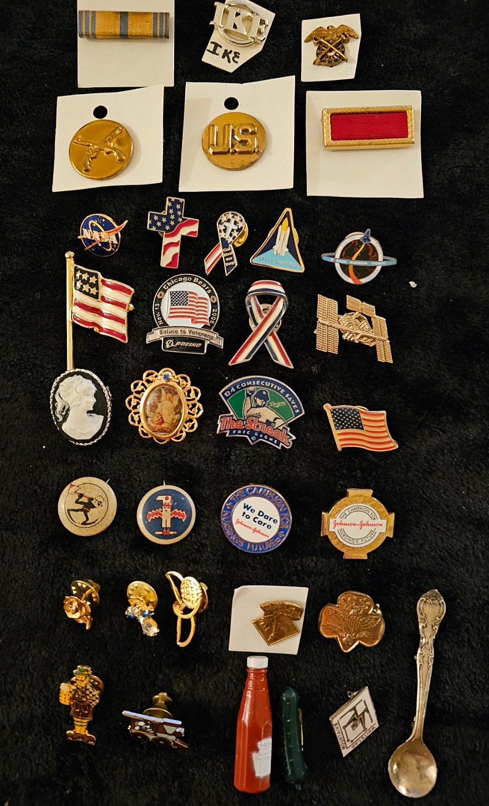 Lot of 34 Assorted Pins. Flags, Nasa, Military, Fun Pins, Brooch