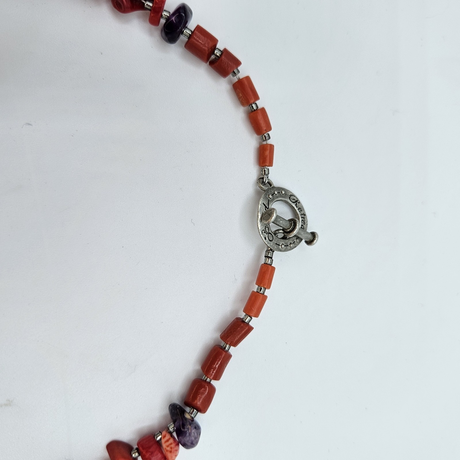 Natural Red Coral Amethyst Bead Necklace Mother of Pearl Shell Pendant Toggle