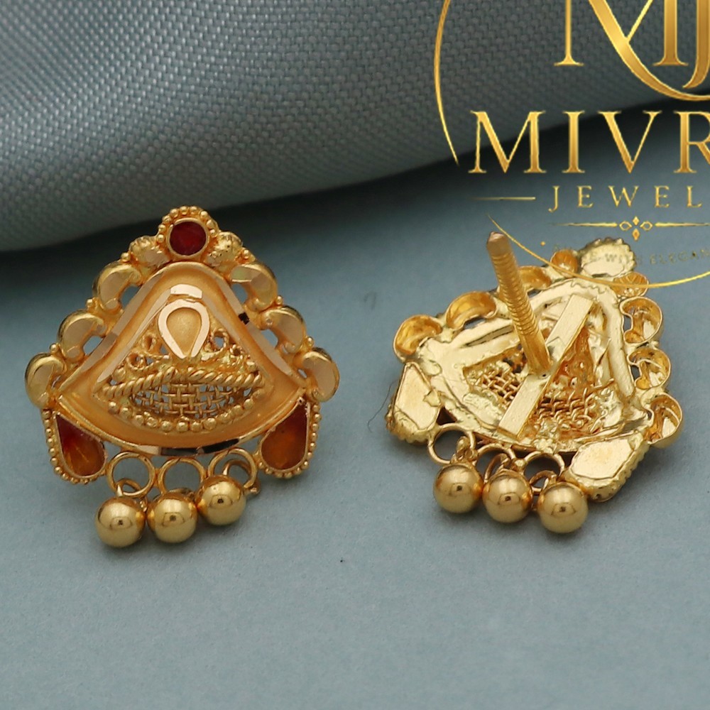 Handmade Bis-916 Stamp Gold Stud Earrings 1.9cm Thanksgiving Gift 2.89g