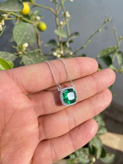 3Ct Cushion Cut Lab-Created Emerald Women’s Pendant 14k White Gold Plated Silver
