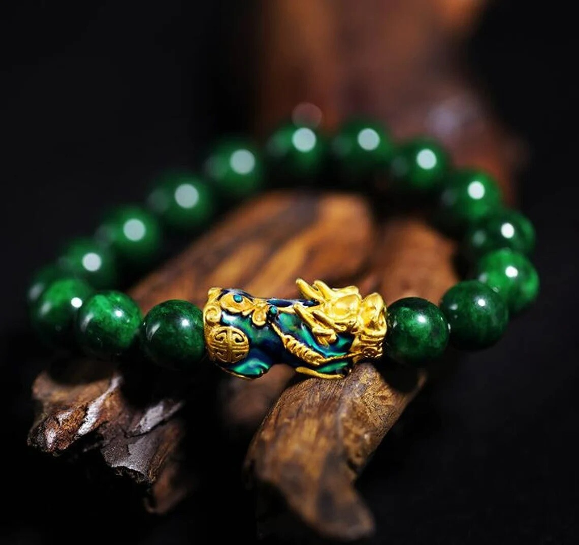 Dragon Protection Bracelet 10mm Green Jade Bracelet Pixiu Charm Bracelet