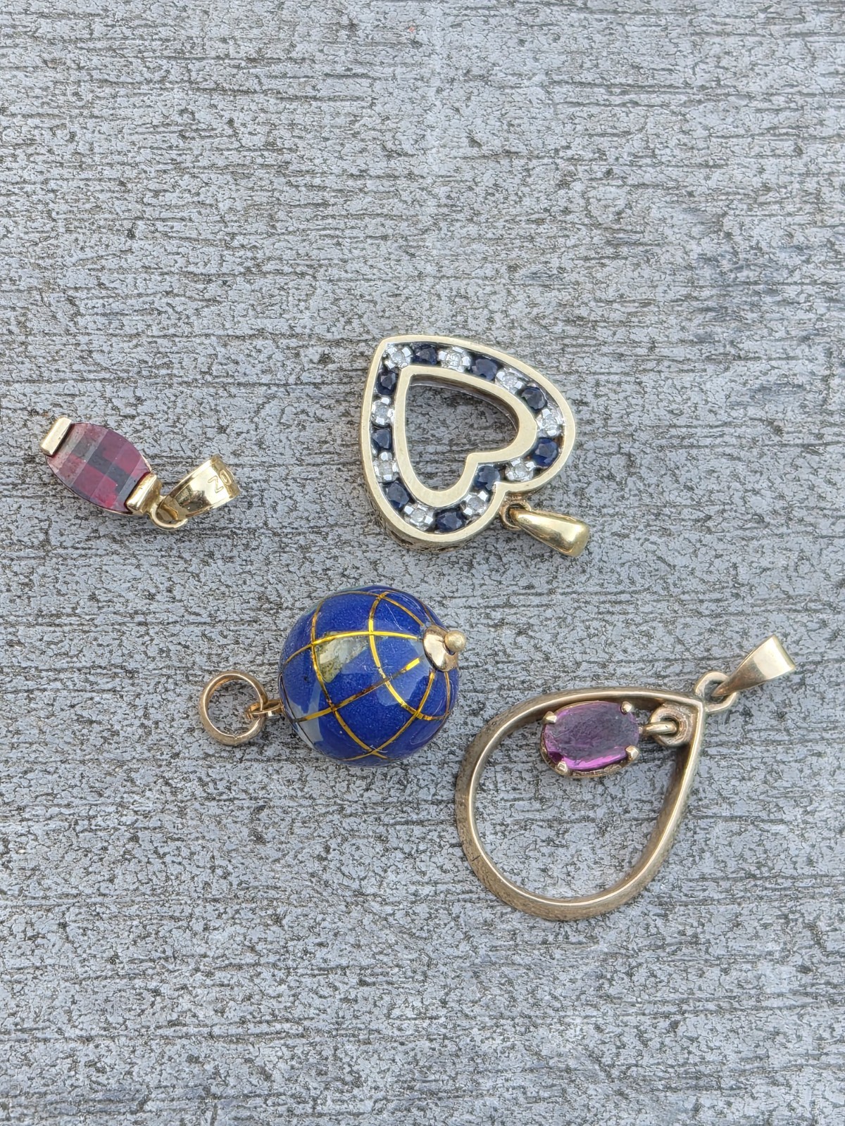 Lot 4 Pendants 10K – 14K Dimaonds Sapphires Rhodolite Garnet Ruby Lapis
