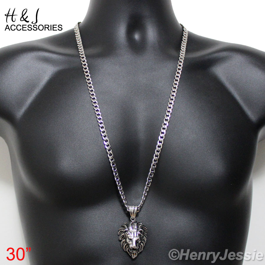 30″MEN Stainless Steel 6mm Silver Cuban Curb Link Chain LION KING 3D Pendant*P50