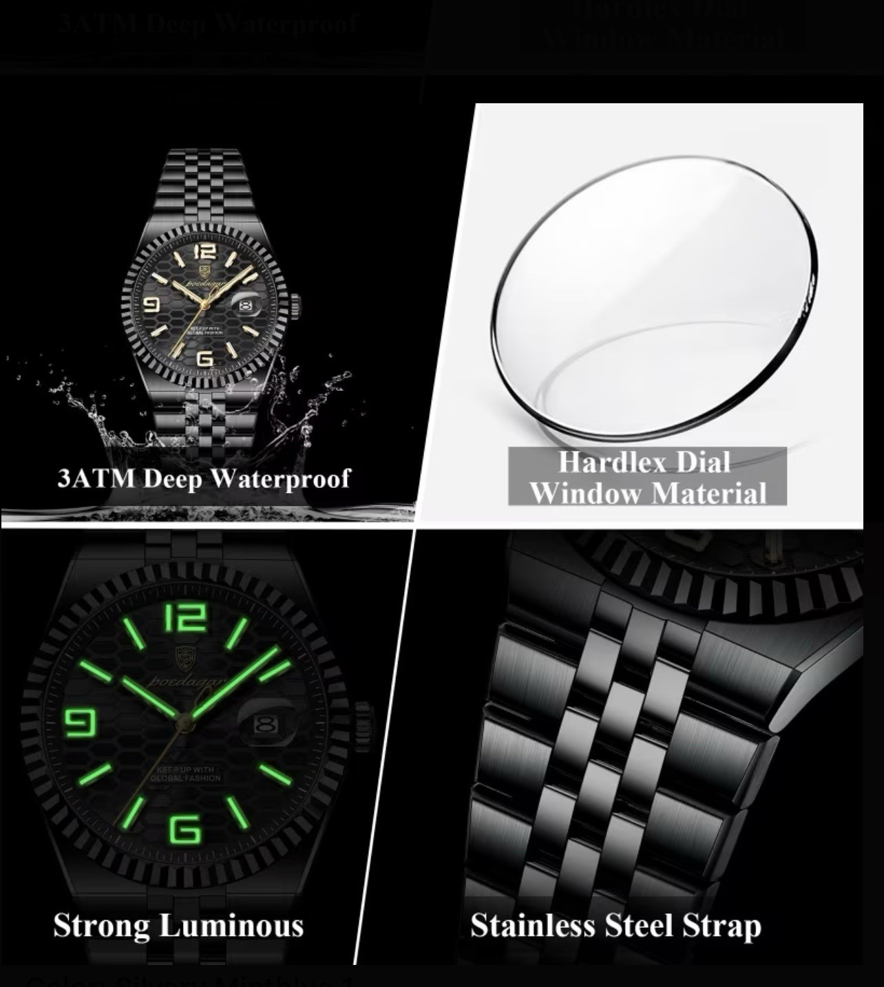 POEDAGAR Men’s Analog Quartz Watch 41mm SS Bracelet 3ATM Luminous Honeycomb