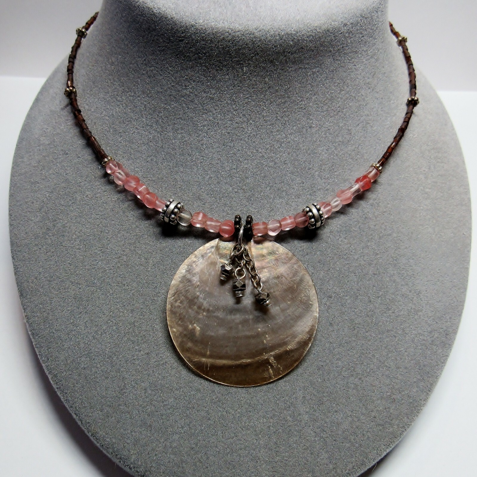 Sterling 925 Silver Adjustable Length Stone Shell Pink Tribal Beach Necklace