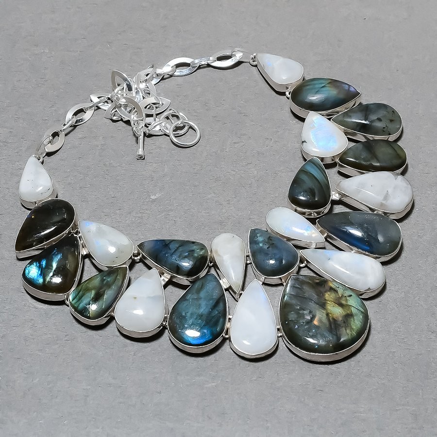 Blue Fire Labradorite Rainbow Moonstone Gemstone Handmade Necklace 18” SR 7649