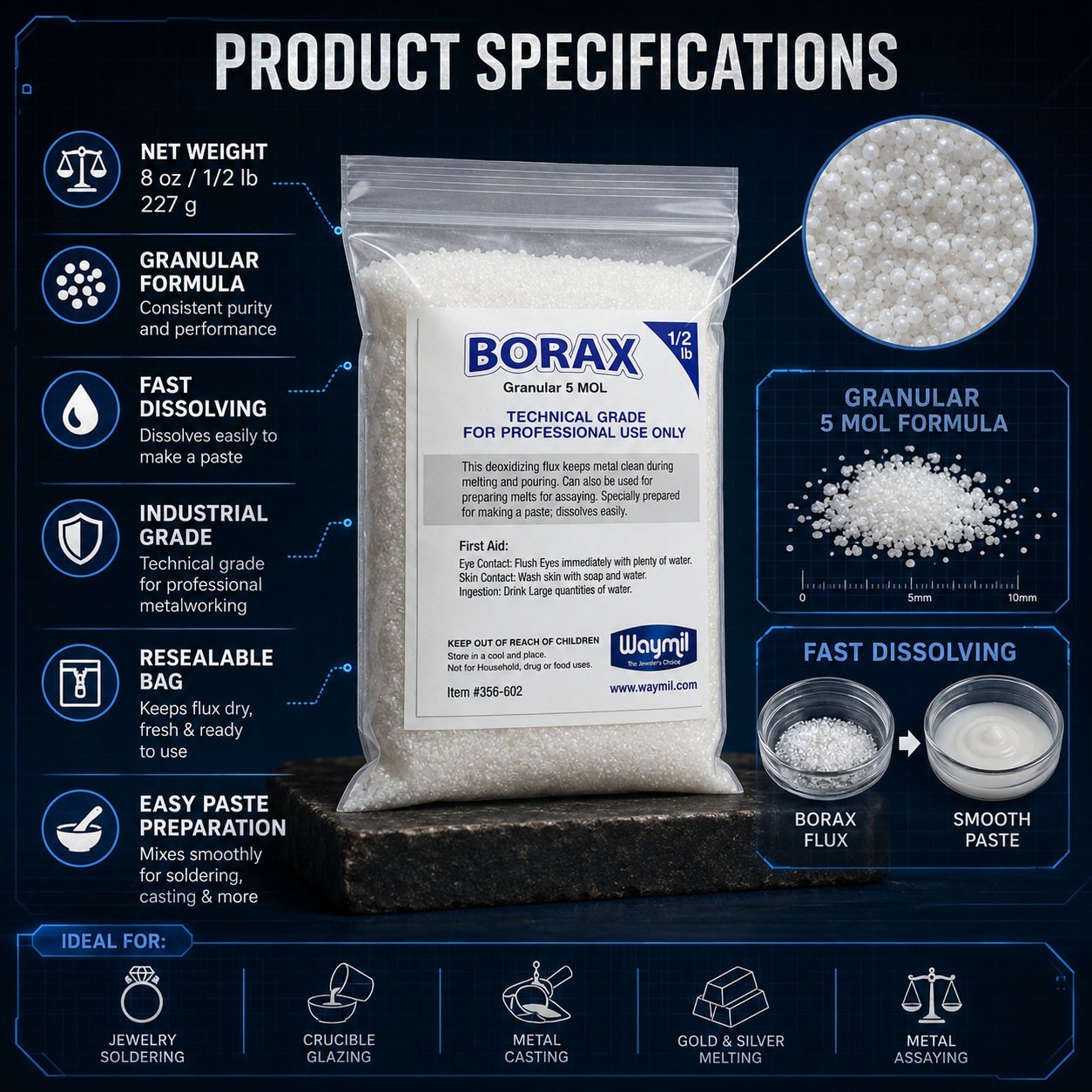 Borax Flux 1/2 Pound Melting Gold Silver Crucible Glaze Jewelry Casting 8 Oz.