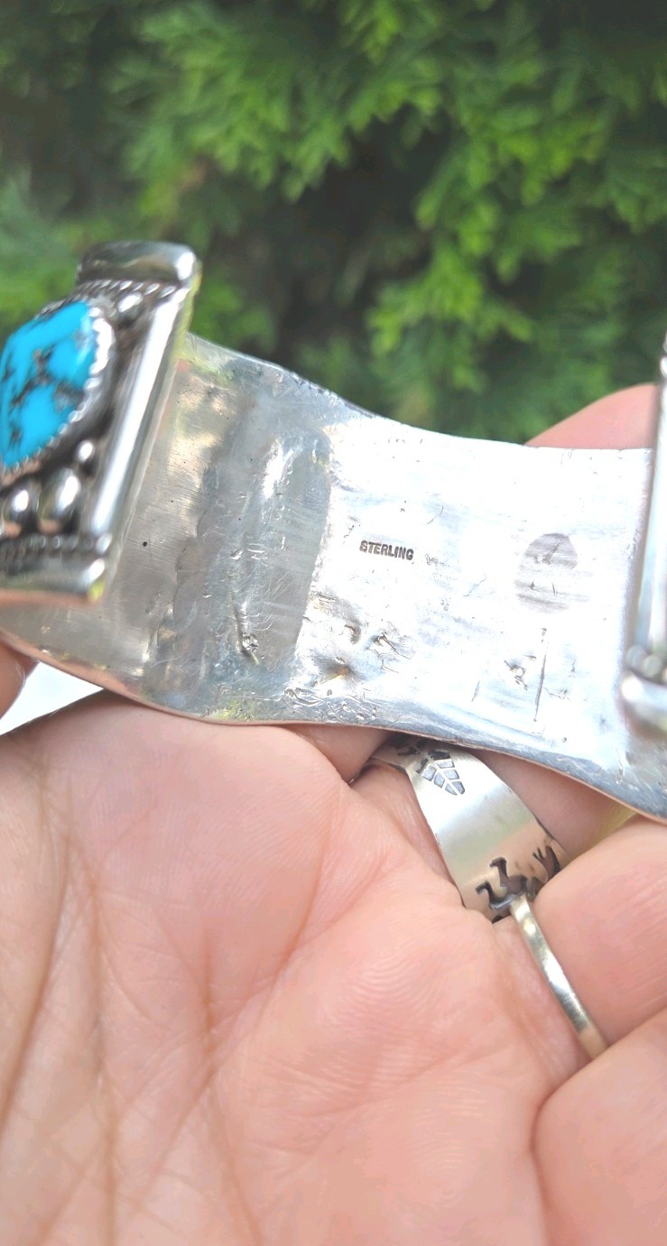 vintage handmade Navajo sterling silver sleeping beauty turquoise cuff bracelet