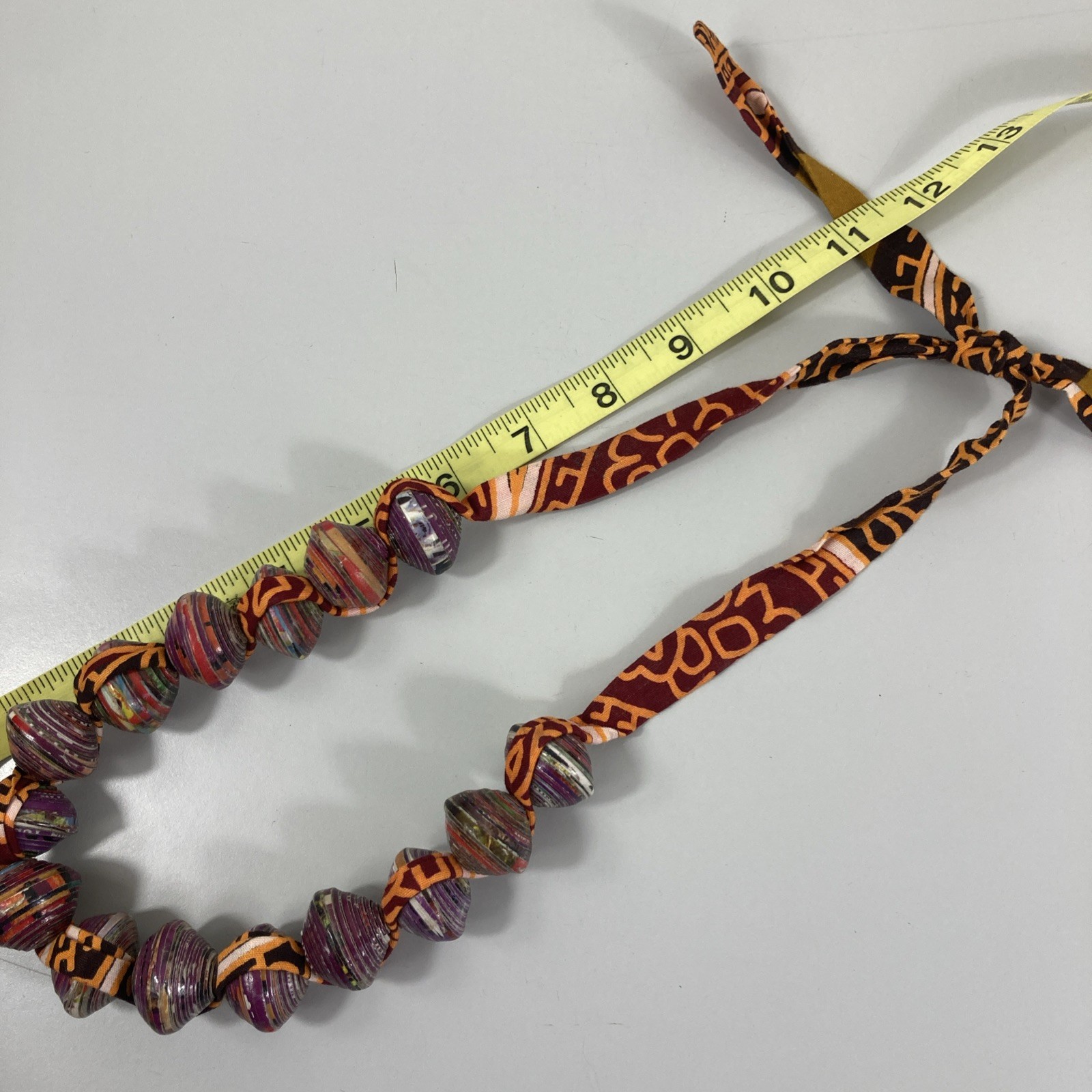 Artisan Rolled Paper Bead Necklace Fabric Chain Purple Orange Chunky Handmade